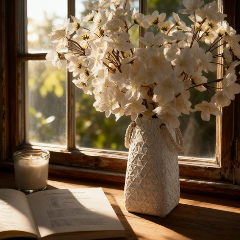 7 inch Vaseking Elegant White Petite Vase, Ceramic Modern Minimalism Geometric Texture Purse Vase with Hanging Rope