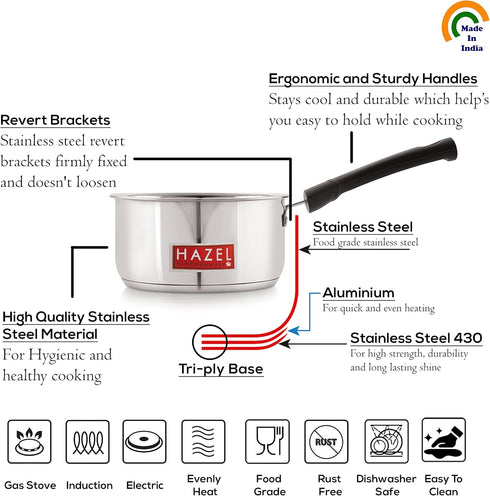HAZEL Stainless Steel Saucepan with Handle, Induction Cooktop, 1.3 Quarts, Easy to Clean, Ideal for Tea Milk