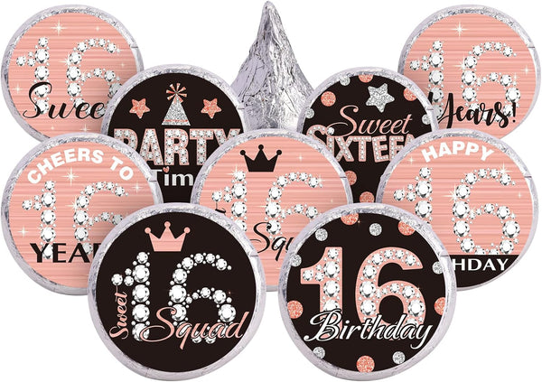 Zonon 504 Pieces Sweet 16 Birthday Party Favors Stickers, Mini Kisses Candy Wrappers, Sweet Sixteen Decorations