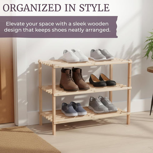 3-Tier Closet, 9 Shoe Storage Rack - Wood Shoe Organizer for Bathroom, Entryway - Footwear Shelf Holds Pairs Sneakers