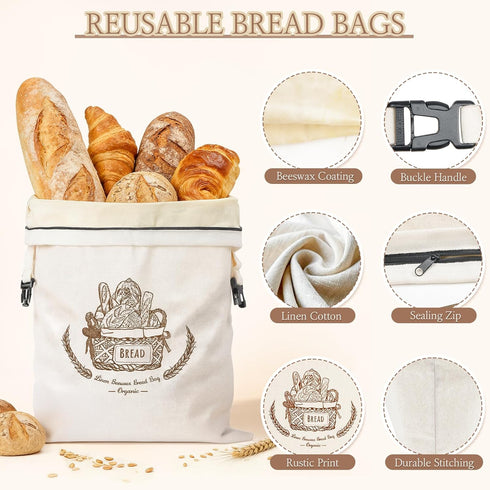 2 VIS'V Beeswax Bread Bags, Reusable Large Linen Cotton Sourdough Bags with Sealing Zip for Homemade Breads, Pcs
