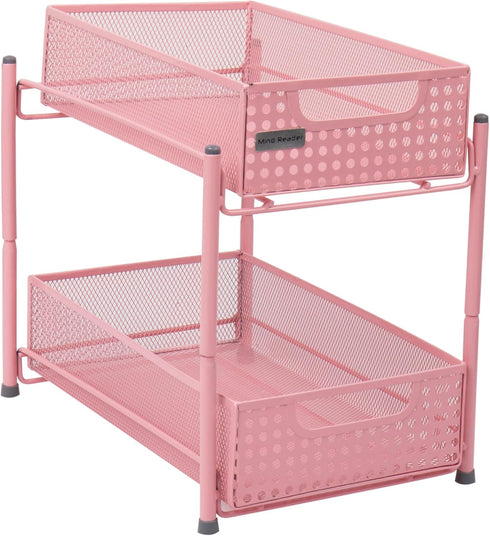 Mind Reader 2 Tier Accessory Organizer, Metal Mesh Supply Storage for Office, Kitchen, Makeup Crafts, Pink, 8" L x