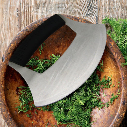KAYCROWN Mezzaluna Knife: Pizza Cutter Salad Chopper - Stainless Steel Sharp Rocker Ulu Knife with Cover