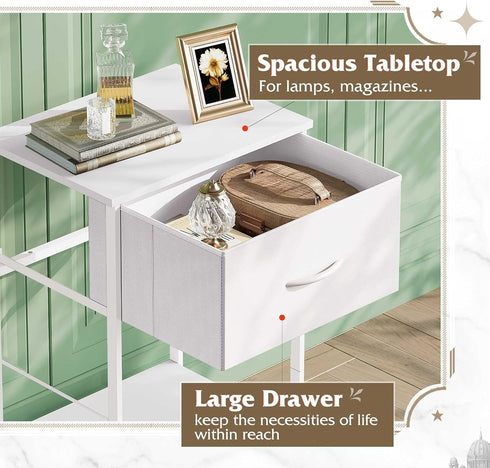 25.03" WLIVE White Nightstand, Night Stand with Fabric Storage Drawer and Open Wood Shelf, Small End Side Table