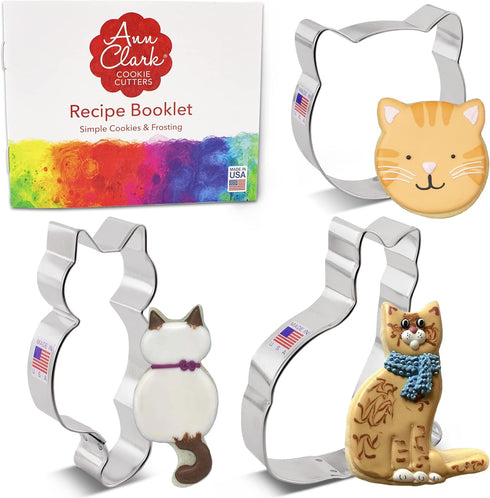 Ann Clark Cat Cookie Cutters 3-Pc. Set Made in USA - Cat Face, Sitting Cat, Curled Cat