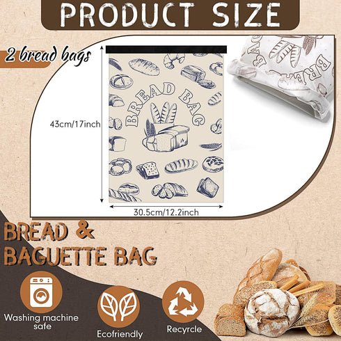 2 17" 12"(Novelty) Pcs Bread Bags for Homemade Maker Gift Zipper Reusable Beeswax Bread Storage Bags with Lining Large