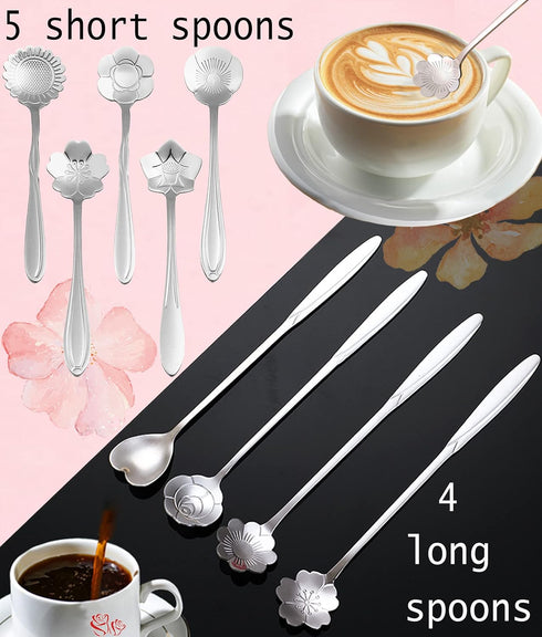 9 Pcs Flower Spoon Coffee Teaspoon Set, ESRISE Stainless Steel Tea Spoon for Tea Party Decorations
