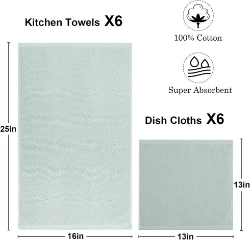QAJ 12 Pack Set, 100% 16 25 inche 13 13inche Kitchen Towels and Dishcloths Cotton Soft and Absorbent Kitchen Towels x