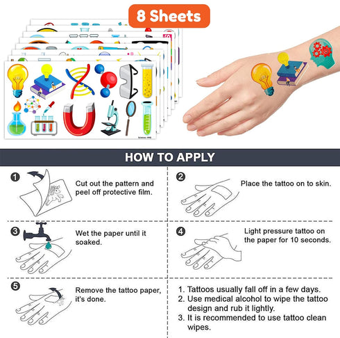 96PCS Funny Science Temporary Tattoos, Mad Scientist Laboratory Birthday Party Decorations, Math Chemistry Experiment