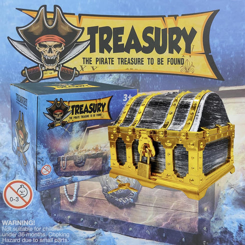 Kids Golden Frame Pirate Treasure Chest with Lock and Key, Decorative Storage Box for Birthday Pirate Party Favors