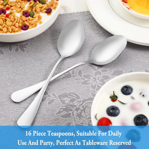 Teaspoon Set - 16 Piece 6.7" Premium Stainless Steel Tea Spoons, Durable Kitchen Dessert Spoon Set, Mirror Finish