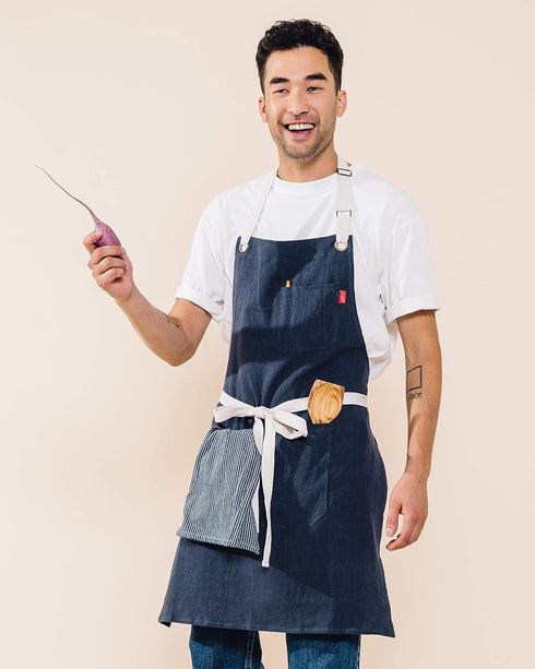 Caldo Linen Kitchen Apron for Cooking- Mens and Womens Linen Bib Apron for Professional Chef, Server, or Barista