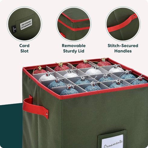Handy Laundry Christmas Ornament Storage Box, Holds up to 64 Holiday Ornaments, Adjustable Dividers, Green