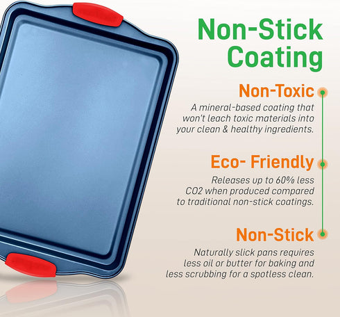 NutriChef Nonstick 3-Piece Baking Pans Set, Carbon Steel Bakeware with Blue Coating and Red Handles