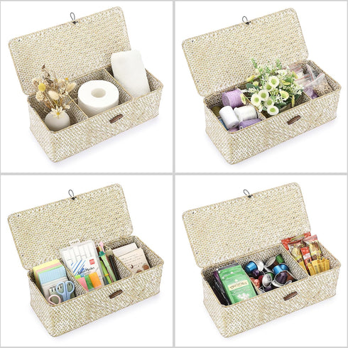 Hipiwe Seagrass Storage Basket Bin, Hand-Woven Wicker Basket with Lid for Organizing Bathroom Supplies