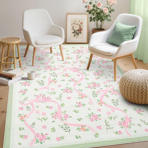 4x6 GarveeHome Coquette Pink and Green Bow Rugs for Bedroom Girls, Rug for Living Room with Soft Low Pile, Floral