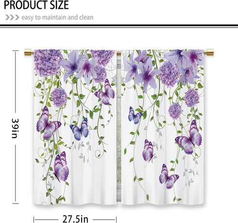 Purple Floral Butterfly Kitchen Curtains Rustic Flower Small Short Cafe Window Curtains Farmhouse Spring Plant Botanical Rod Pocket Bathroom Window Drape Treatment Tier Curtains(27.5x39 Inch)