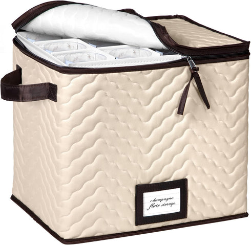 Wine Glass Storage Box with Dividers - Holds 12 Champagne Flute Glasses up to 10" Tall, Durable Quilted Microfiber Bin