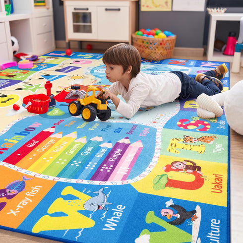 4x6 Playroom Rugs for Kids Washable, Educational and Fun Playmat with ABC Alphabet Animals Shapes Colors, Non-Slip Play