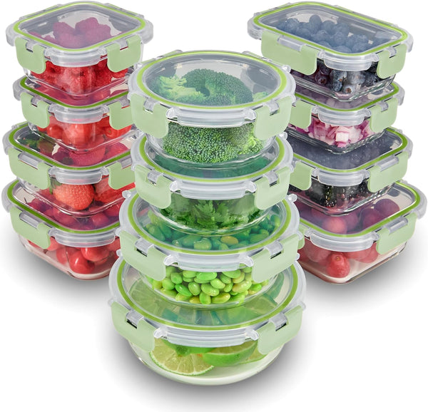 FineDine 24 Piece Glass Storage Containers with Lids - Leak Proof Dishwasher Safe Food Storage for Meal Prep