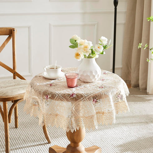 LinenZone Gold Farmhouse Tablecloth with Colorful Flower Design. 36 Inch Small Tablecloth