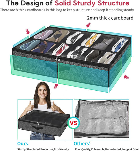 Onlyeasy Under Bed Shoe Storage Organizer, 4 Pack Fit 12x4 Pairs, Underbed Solution with Sturdy Sidewall