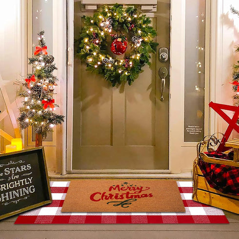 24 51 Inches Christmas Red and White Plaid Rug - x Outdoor Front Door Decor Mat Cotton Washable Hand-Woven Rug
