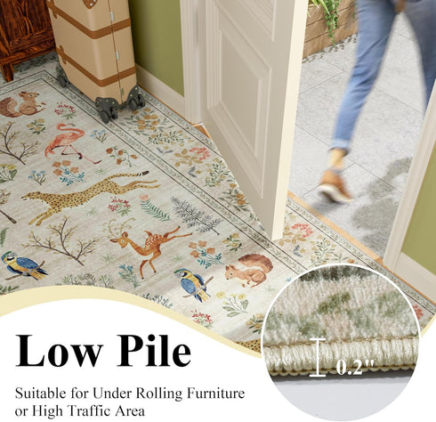 3x5 DUKINO Rug, Washable Animal Area Rug with Non Slip Vintage Design, Indoor Soft Low Pile Carpet for Bedroom