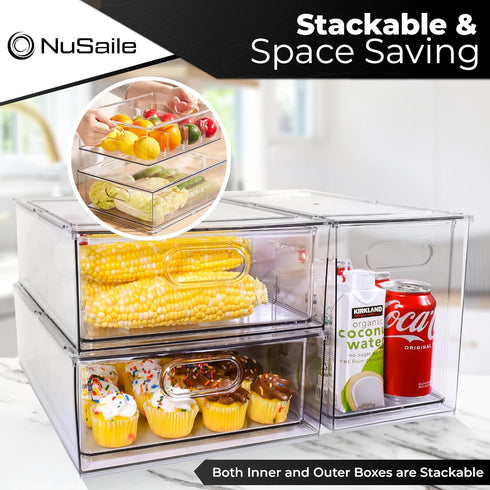 Stackable Refrigerator Organizer Bins - Pull Out Drawers with Handles for Vegetable and Fruit Storage, 3 Liter Plastic