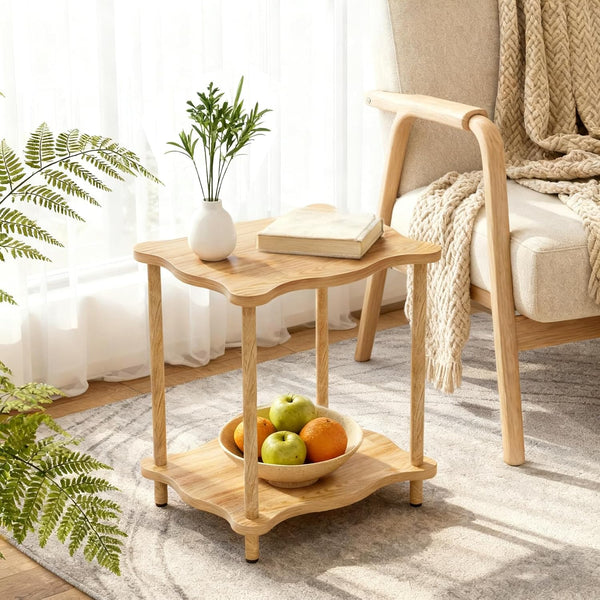 THUMEYE 2-Tier Low Side Table 17H, Space-Saving Small Nightstand with Solid Wood Legs,