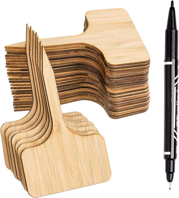 Whaline 50Pcs Bamboo Plant Labels with Marker Pen, T-Type Wooden Sign Tags for Seed Potted Herbs Flowers Vegetables (6