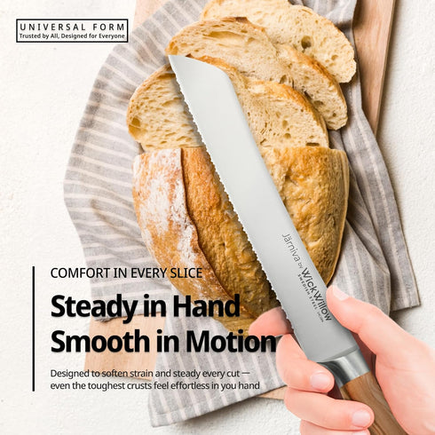 WICKWILLOW 8 Inch 14C28N Bread Knife Steel with Italian Olive Wood Handle Double Serrated Knife for Sourdough