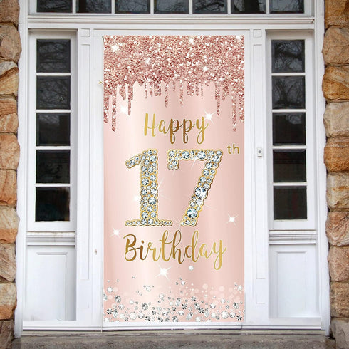 Happy 17th Birthday Door Banner Decorations - Pink Rose Gold 17 Birthday Cover Backdrop Party Supplies