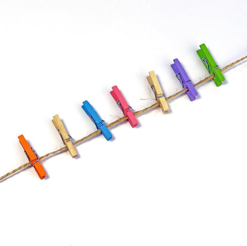 Mini Natural Wooden Clothespins with Jute Twine, 250pcs, 1 Inch Photo Paper Peg Pin Craft Clips with 66ft Natural Twine