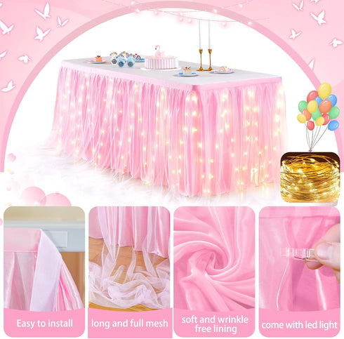 14FT Pink Tulle Table Skirt for Rectangle or Round Tables Ruffle Tulle Tutu Cloth Desk Table Skirt with LED Lights