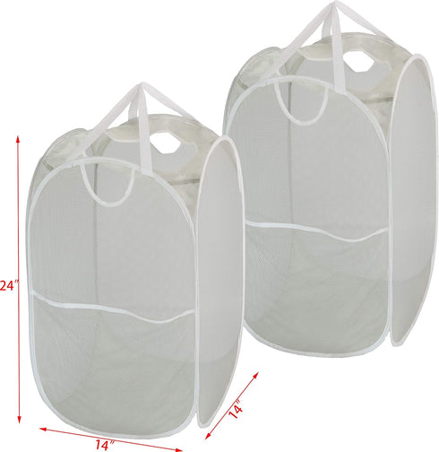 Simple Houseware Mesh Pop-Up Laundry Hamper Basket with Side Pocket, Gray - 2 Pack
