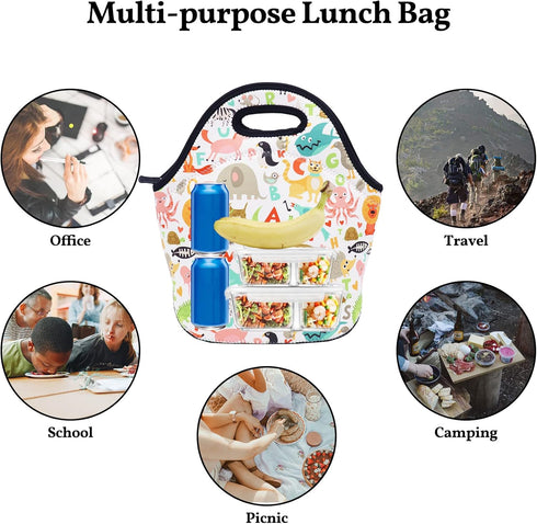 Neoprene Lunch Bag for Kids, Insulated Tote for Women, Men, Teens, Boys, Girls (Alphabet Animals)