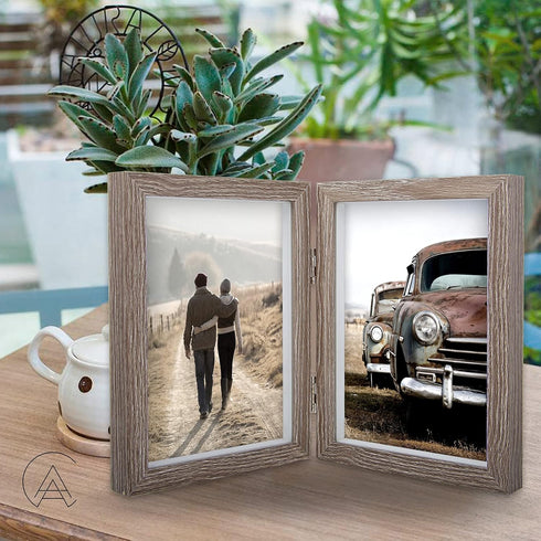 AEVETE 5x7 Double Picture Frames Hinged Wood Folding Frames for Vertically Display, Gray