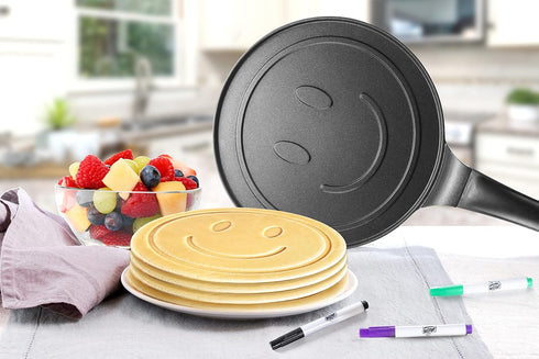 CucinaPro XL Smiley Face Pancake Pan - 10-Inch Nonstick Aluminum with Edible Food Markers for Kids' Crafts