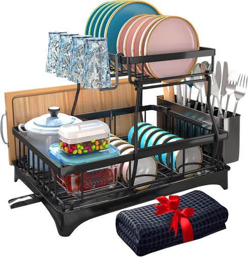 Godboat Dish Drying Rack, 2-Tier Dish Racks for Kitchen Counter with Drainboard & Mat