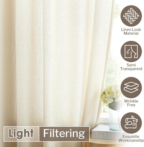 Melodieux Beige Semi Sheer Curtains, 63 Inch Length for Bedroom Living Room, 2 Panels, Light Filtering Home Office