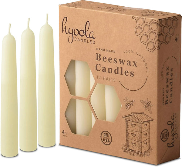 Hyoola 4" Beeswax Taper Candles, 12 Pack, Handmade, 100% Pure Unscented Bee Wax, Decorative White, 4 Hour Burn