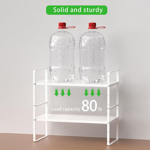 Expandable Cabinet Storage Shelf, Stackable Organizer Rack for Kitchen Bathroom Pantry, Heavy Duty White, 2 PACK