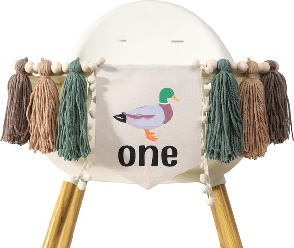 RSOLIET Lucky Duck Tassel High Chair Banner - Mallard Duck & Duckling 1st