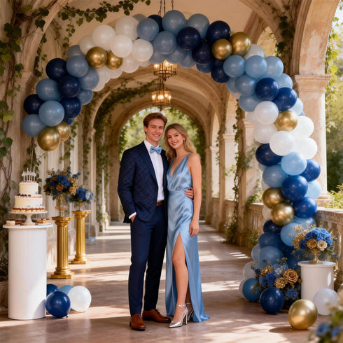 12inch Retro Navy Blue Gold and White Balloons, Pastel Dark Light Blue White Latex Balloons with Metallic Chrome Gold