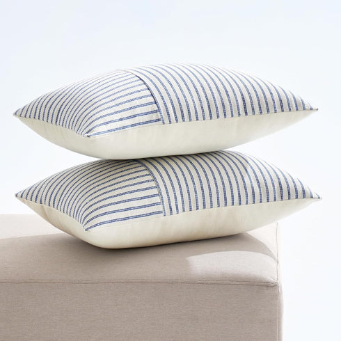 12x20 Inch, Pack 2 MIULEE Royal Blue and Beige Patchwork Farmhouse Pillow Covers of Striped Linen Decorative Modern