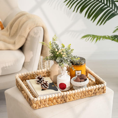 Counter, StorageWorks Rectangle Decorative Trays for Home Decor Farmhouse, Wicker Coffee Table Tray Decor with Wooden