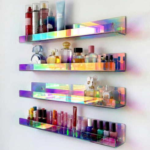 4 Pack 15 Inch Iridescent Acrylic Shelves, Clear Rainbow Floating Shelves for