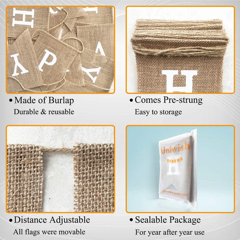 Uniwish Happy Birthday Burlap Banner - Neutral Happy Birthday Party Decorations, Boho Rustic Bunting Sign