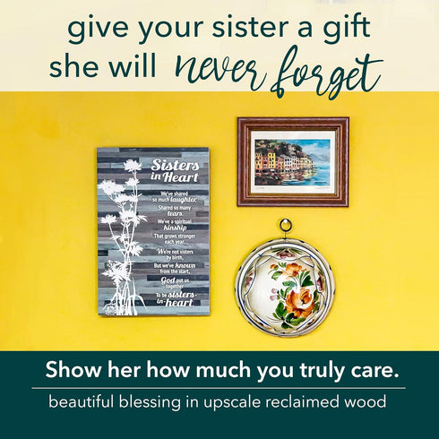 Sisters in Heart Wood Plaque - Made in the USA, 6x9 Inch Rustic Vertical Frame Wall and Tabletop Decoration
